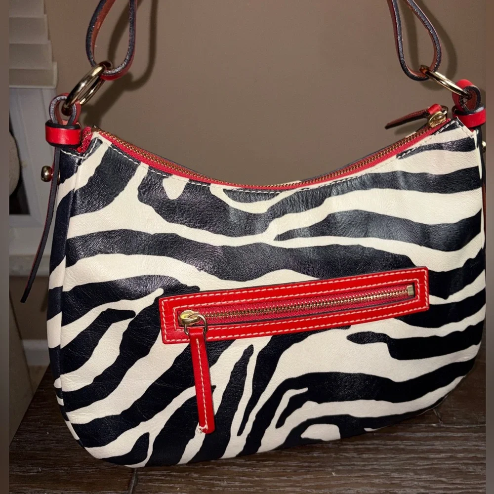 Dooney & Bourke Black and White Zebra Shoulder Bag with Red Trim - Picture 7 of 10